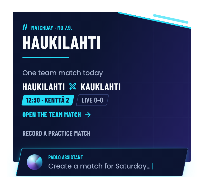 The top card on home, with the next match Kiiminki–Haukilahti and an Open the team match button.