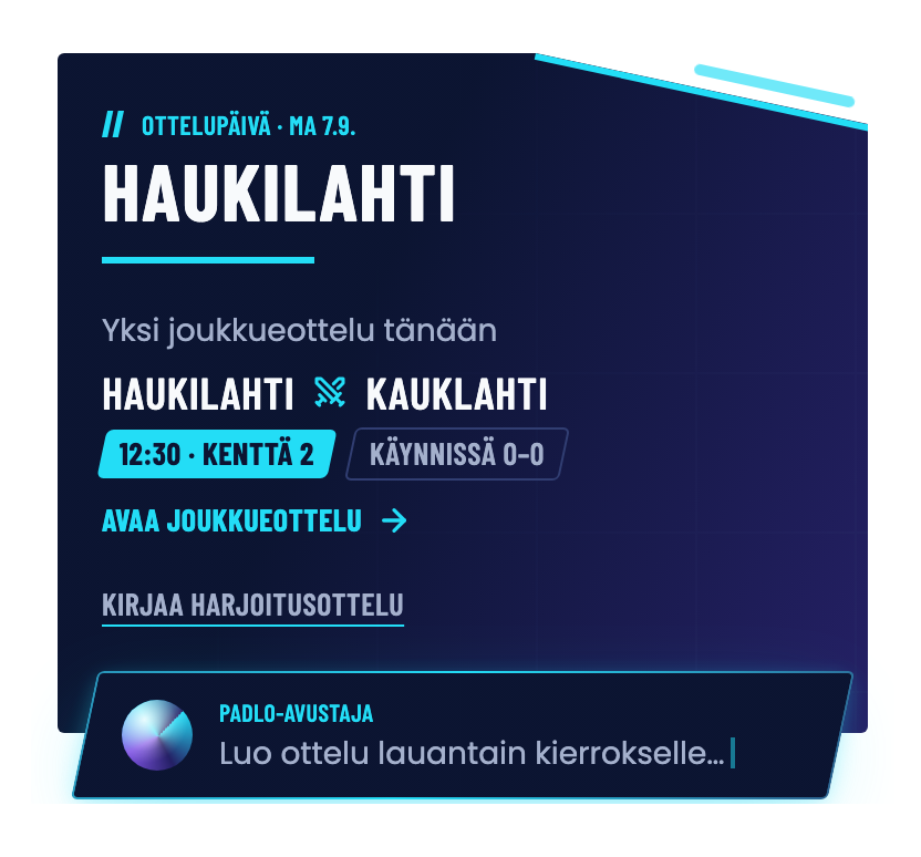 Etusivun ylin kortti, jossa seuraava ottelu Kiiminki–Haukilahti ja painike Avaa joukkueottelu.