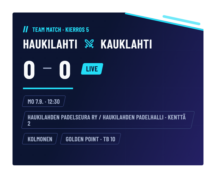 The team match top bar: Haukilahti–Kauklahti 0–0, state Live, kickoff, venue and rules.