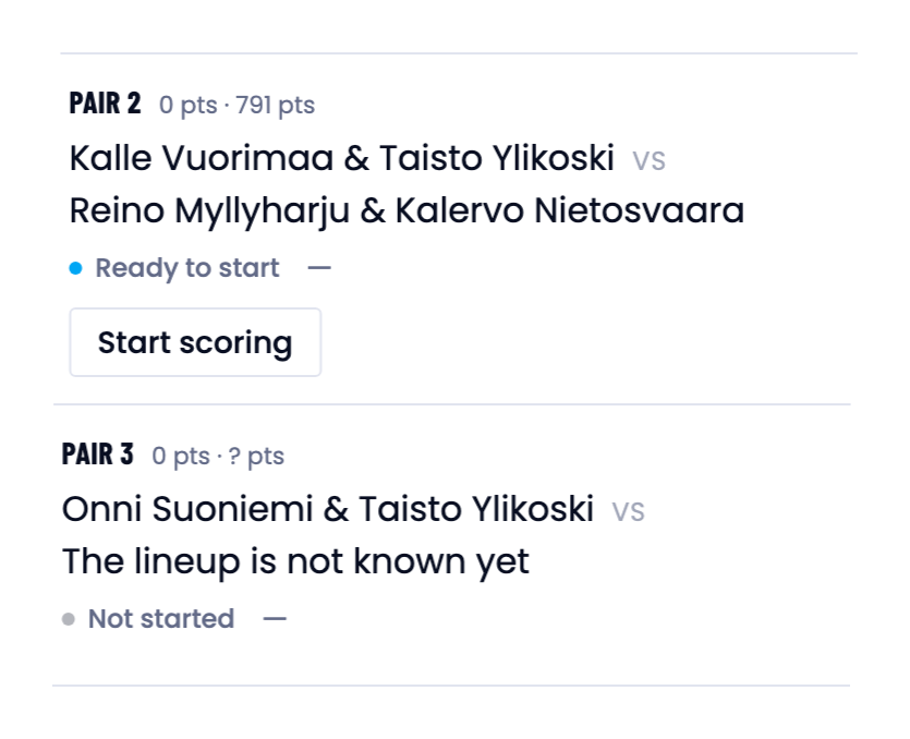 A pair row reading The lineup is not known yet, with a question mark instead of points.