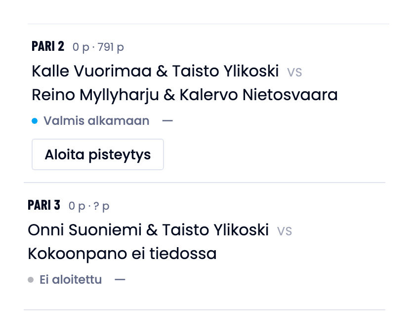Parin rivi, jossa lukee Kokoonpano ei tiedossa ja pisteiden tilalla kysymysmerkki.