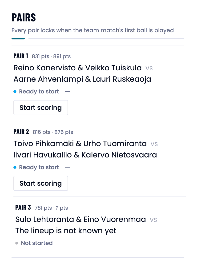 The pairs of a scheduled team match, reading Ready to start with a Start scoring button.