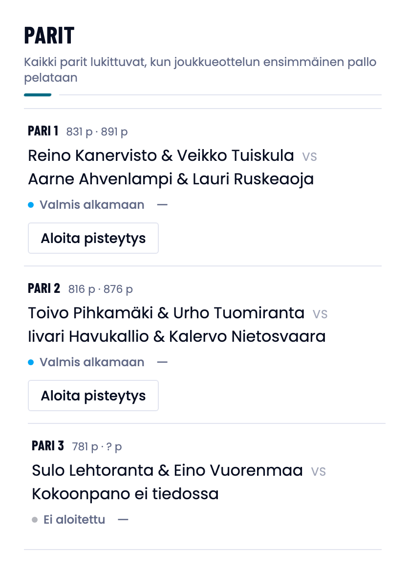 Tulossa olevan joukkueottelun parit, joissa lukee Valmis alkamaan ja Aloita pisteytys.