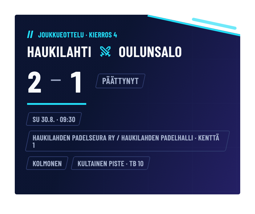 Päättynyt joukkueottelu: Haukilahti–Oulunsalo 2–1, tila Päättynyt.