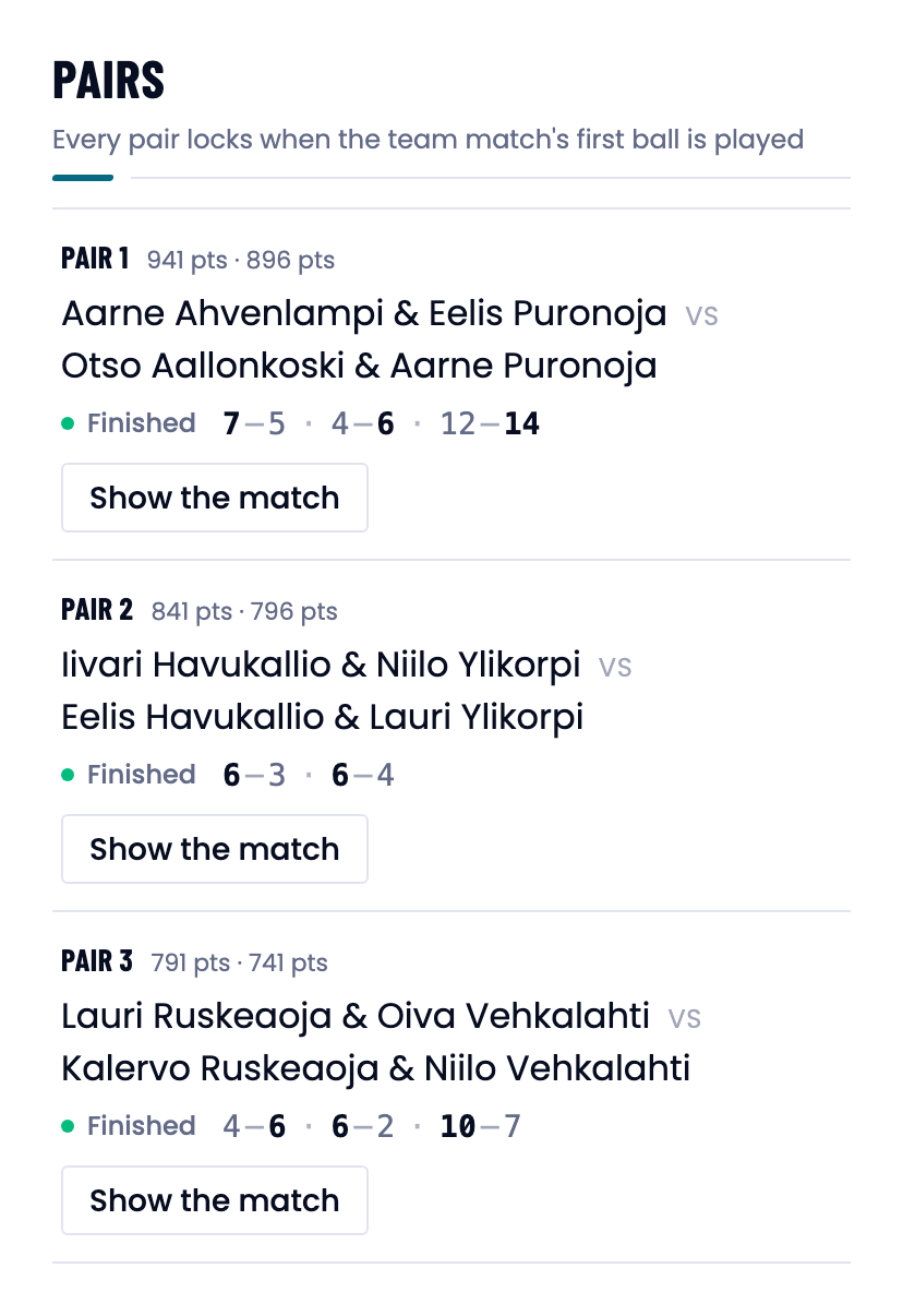 The three pairs of a finished team match with set scores and a Show the match button.