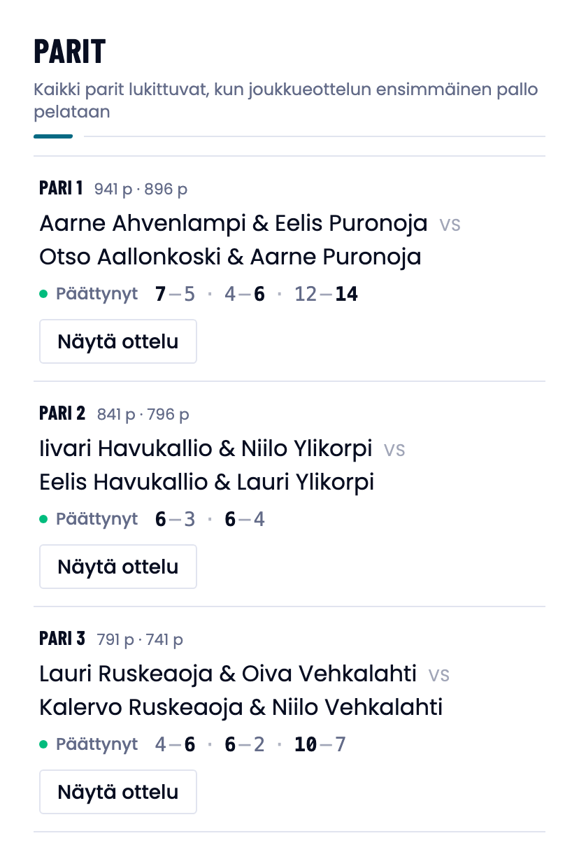 Päättyneen joukkueottelun kolme paria erätuloksineen ja painike Näytä ottelu.