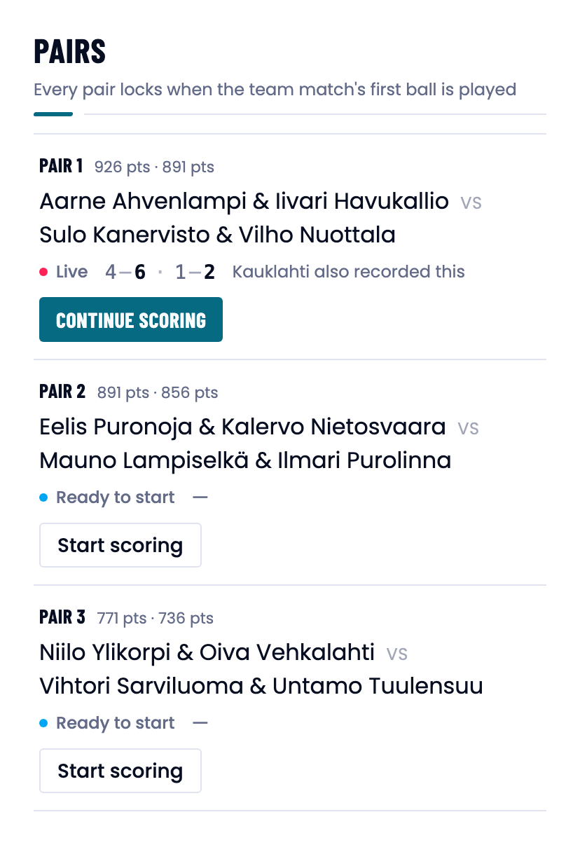 The pairs section of a live team match: pair states and the note that Kauklahti also recorded this.