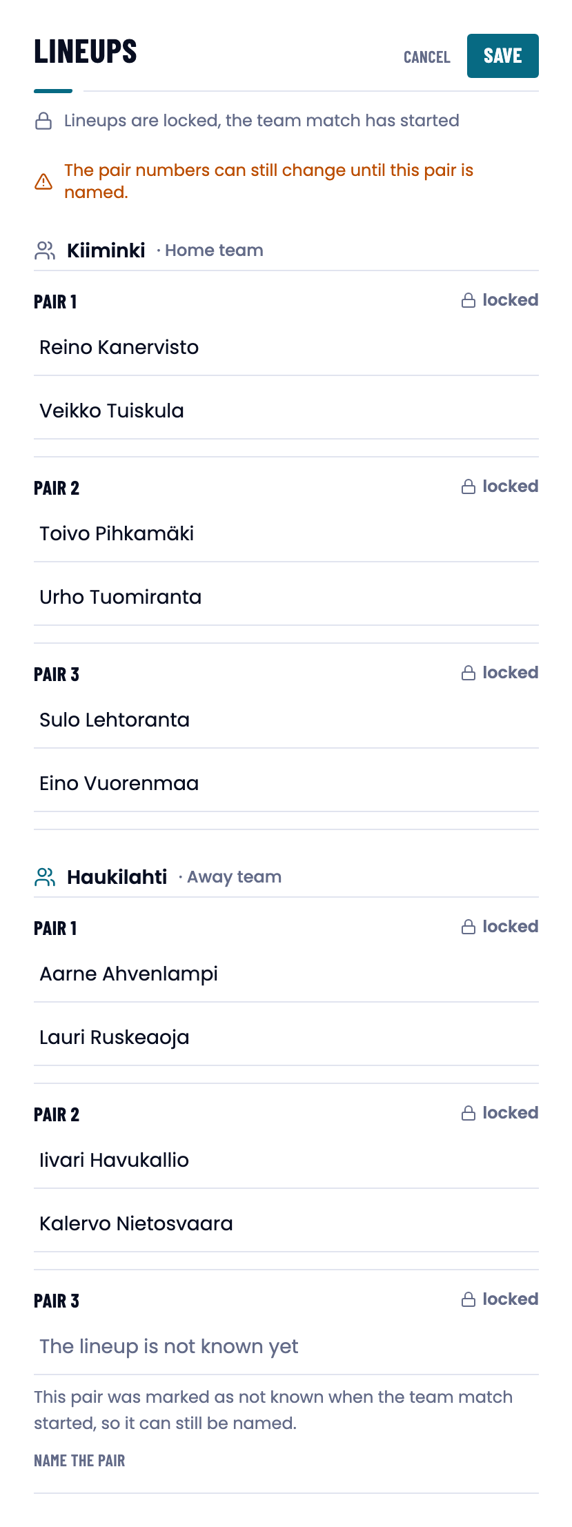 The lineups of a locked team match, where the pair that is not known can still be named with a Name the pair button.
