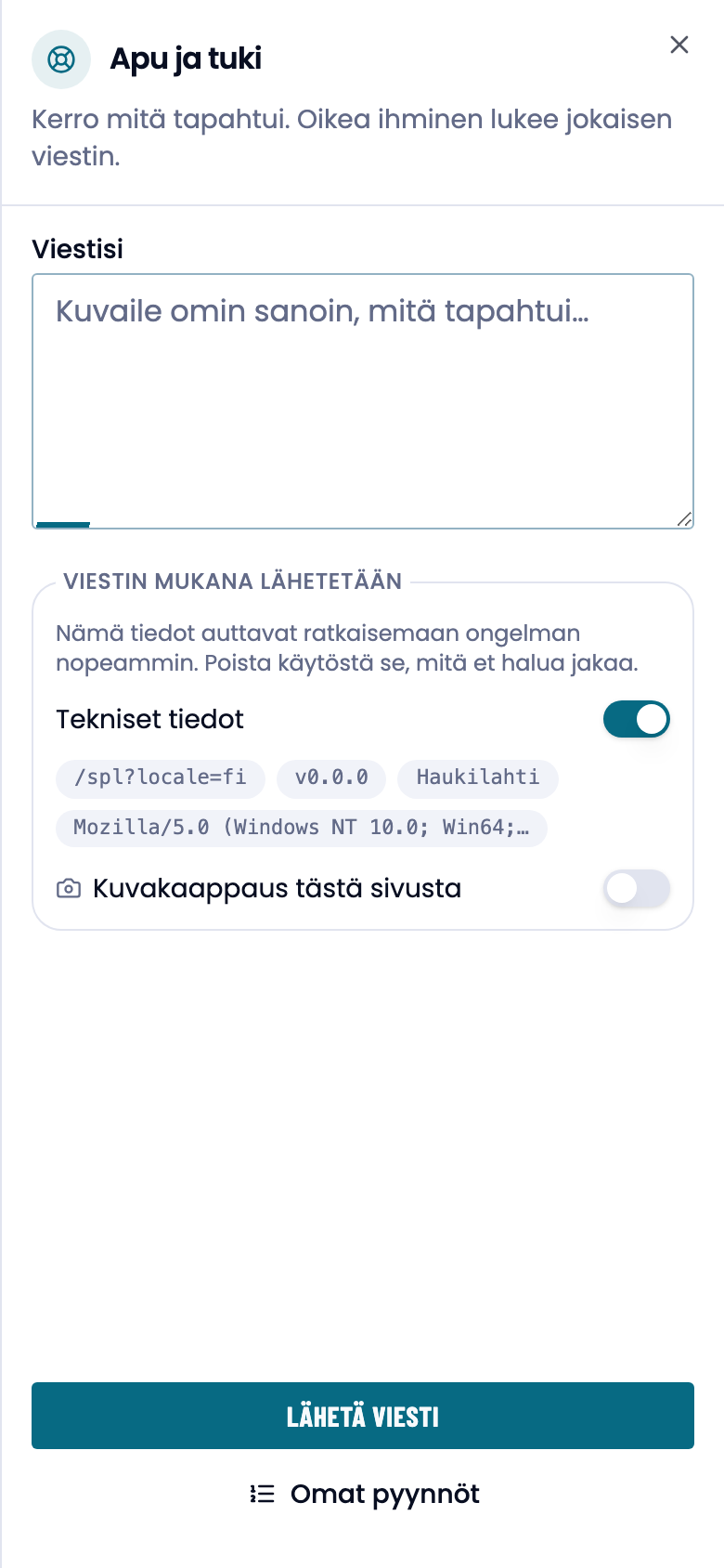 Apu ja tuki -paneeli: viestikenttä ja mukaan lähtevät tiedot.